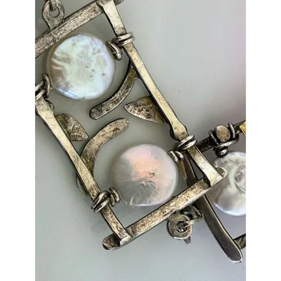 Vintage 90s Modernist Donna Burdic Bracelet Coin Pearls Sterling Gold Leaves